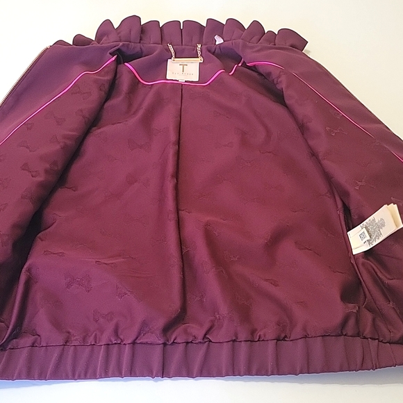 Ted Baker Lydiah crepe ruffle burgundy/wine rose-gold zip jacket women's size 0 - Picture 12 of 14